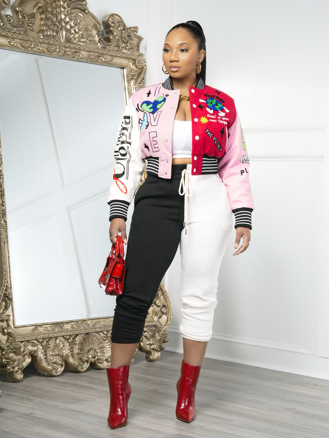 PLANET UTOPIA CROPPED VARSITY JACKET (Red/Pink)