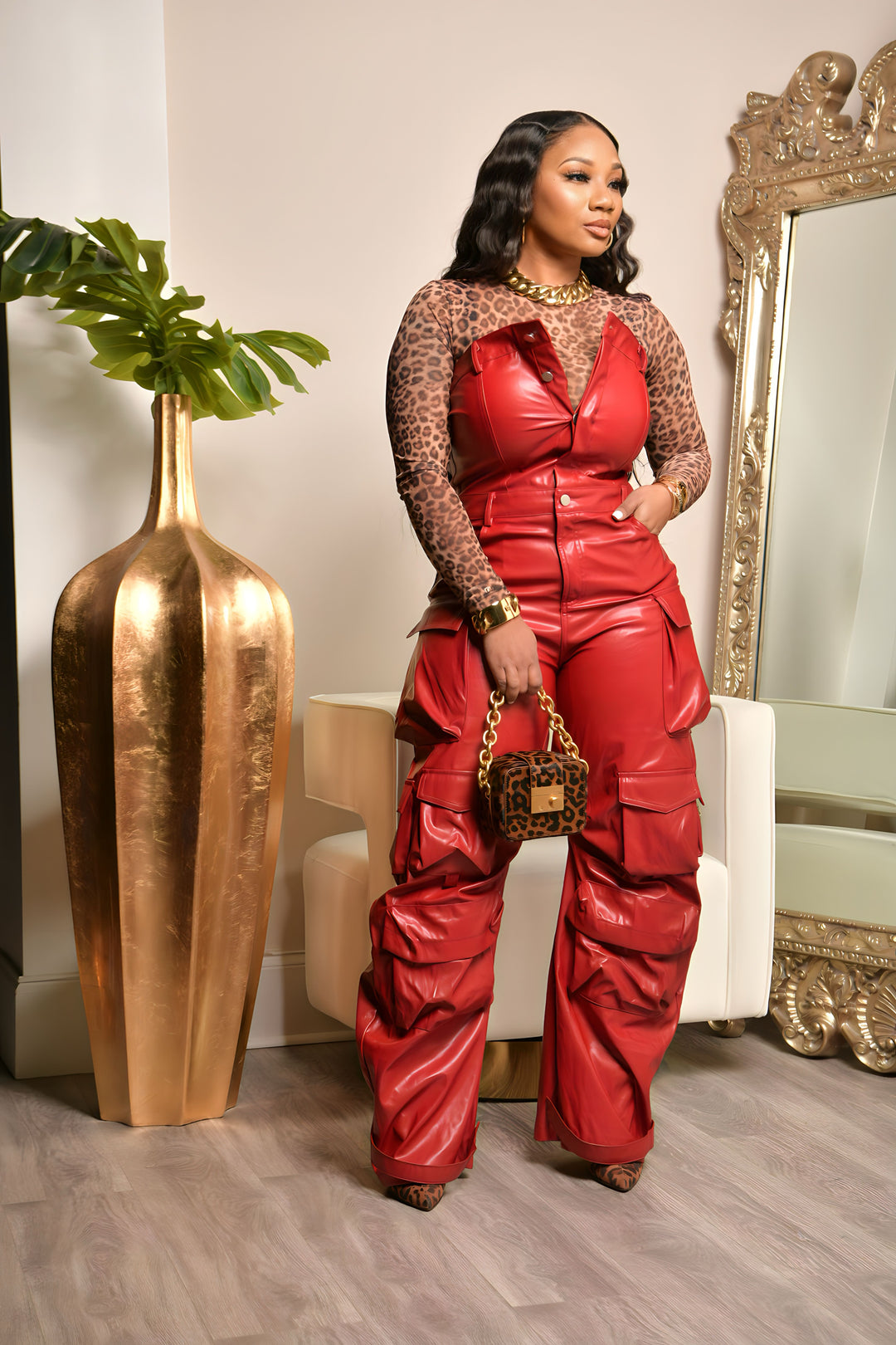 Faux Leather JAMMIN' CARGO JUMPSUIT (Red)