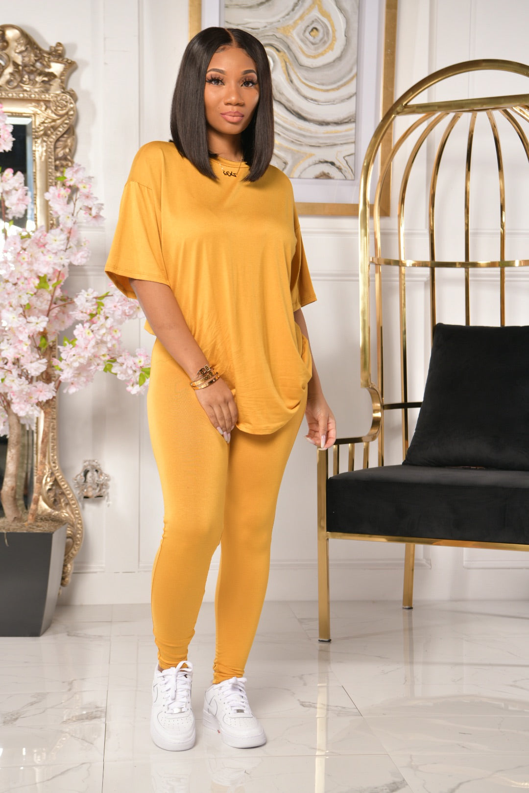 ROUND NECK BASIC PANTS SET (MUSTARD)
