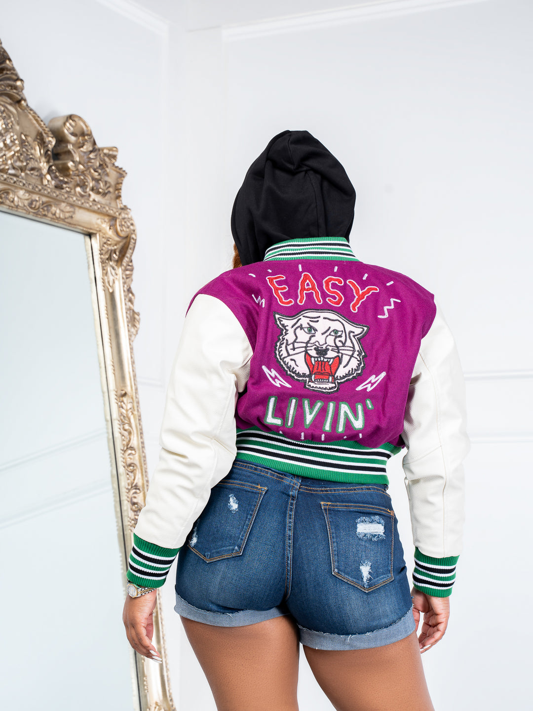 Easy Livin Cropped VARSITY JACKET (PURPLE/GREEN)