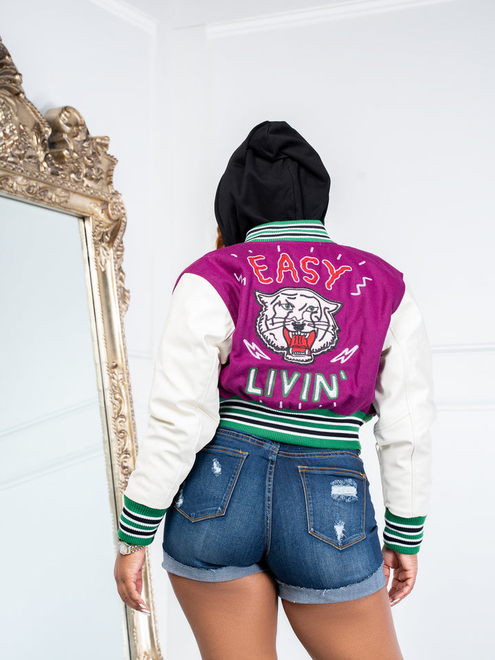 Easy Livin Cropped VARSITY JACKET (PURPLE/GREEN)